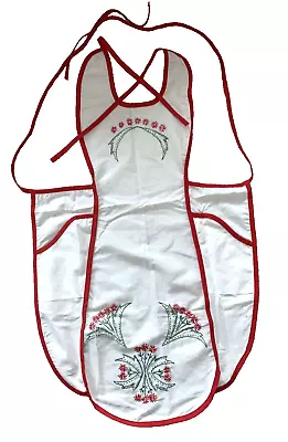 Full Bib Apron Cottage Core 60s White With Red Bias Trim Embroidery True Vtg New • $19.99