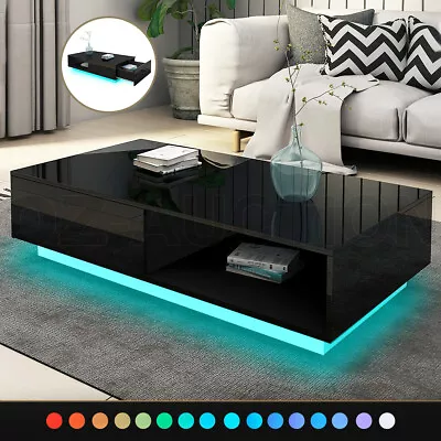 LED Lights Coffee Table High Gloss Wooden Storage Living Room Furniture Black • $139.95