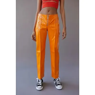 NWT THE RAGGED PRIEST Orange Patent Vinyl Cracker Pants Trousers Women's Size 8 • $36