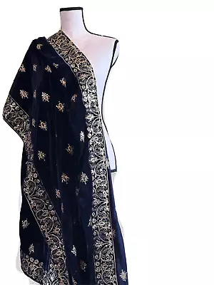 Womens Embroidered Full Size Blue Velvet Shawl With Free 2 Henna/Mehndi • $60