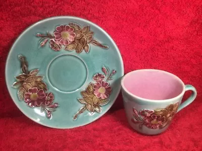 Cup & Saucer Antique Majolica Flowers And Leaves Cup And Saucer C.1800's • $125