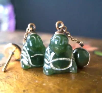 Gold CARVED JADE EARRINGS Chain Buddha Statue Miniatures VINTAGE CHINESE Pendant • $88