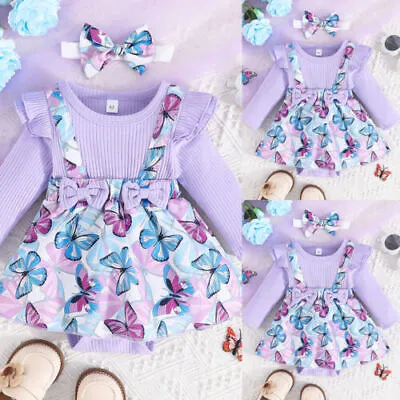 Newborn Baby Girl Floral Ribbed Butterfly Romper Dress Ruffle Outfit Set Clothes • £8.99