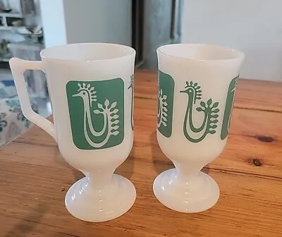  (2) Federal(?) Milk Glass Turquoise Rooster Chicken Mugs Coffee Cups Vintage • $9.99