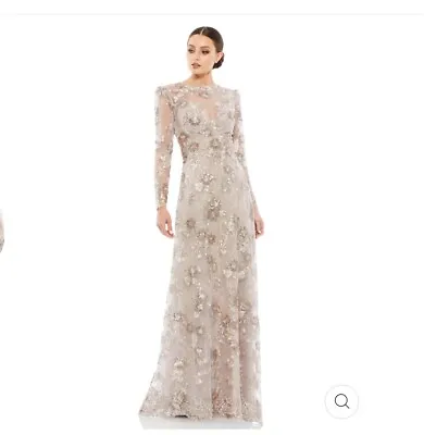 Nwt Mac Duggal Floral Embroidered Illusion Long Sleeve Gown 67875 Mocha 8 $798 • $280