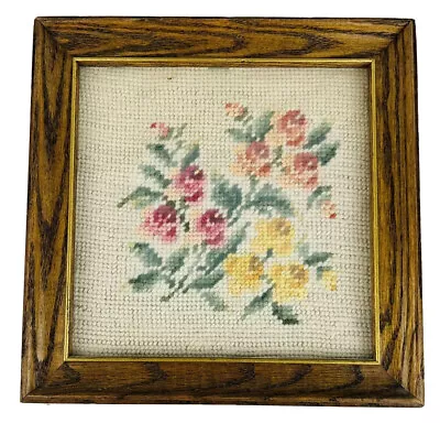 Vintage Needlepoint Framed Pink Floral Bouquets Complete Handmade 9x9 • $16.99