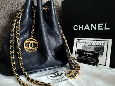 FULL SET CHANEL Vintage Black CC Charm 24K Gold Chain Bucket Backpack Bag Pouch • $2900