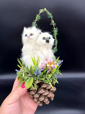 Vintage Real Fur White Persian Cats Sitting On Real Pinecone Hand Made Ornament • $55