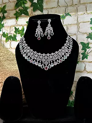 Designer Indian Bollywood Silver Plated White CZ Necklace Jhumka Tika Set • $27.58