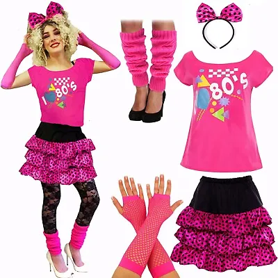 80's FANCY DRESS 6 PIECE LADIES RARA COSTUME NEON 80S  SET NEON PINK • £19.99