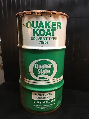 Vtg  16 Gallon Oil Gas Drum QUAKER STATE  OIL  KOAT SOLVENT  Garage Trash Can • $212.50