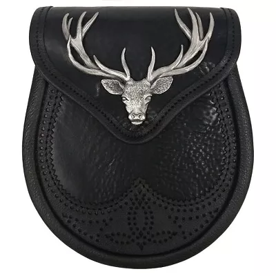 Highland Scottish Black Stag Sporran - Handmade Genuine Leather Kilt Bag Sporran • £24.99