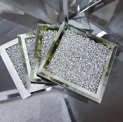 4xSquare Mirrored Crystal Crushed Coasters Sparkle Table Mats Diamond Glitter UK • £10.99