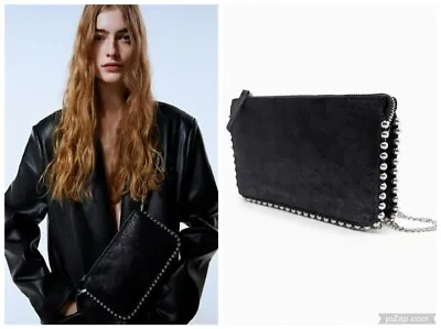 Zara Ss20 Studded Studs Black Clutch Bag Chain Cross Body Zamak Wallet 8085/204 • $49.99