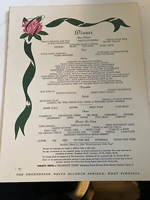 Greenbrier Hotel Lunch & Dinner Menu Mar 21 1964 • $20