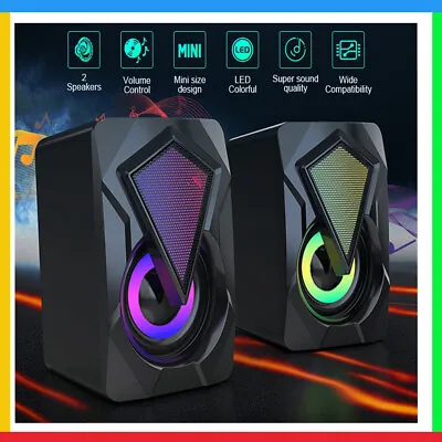 Super Bass Subwoofer Computer Speakers USB Wired LED Stereo Player For Laptop PC • £11.99