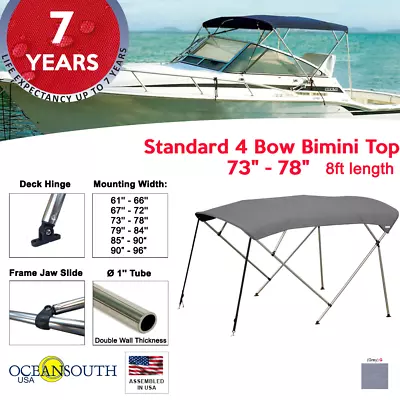 Standard BIMINI TOP 4 Bow Boat Cover Gray 73 -78  Wide 8ft Long W/ Rear Poles • $149.10