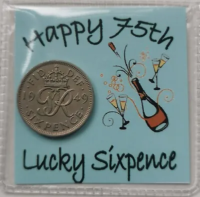 75th Happy Birthday Sixpence Gift *1949 Coin For 2024-  *Blue Champagne Design* • £2.99
