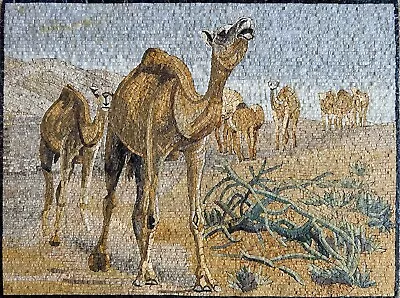 Camels In The Desert - Handmade Mosaic Wall Art. Natural Stone Mural • $942