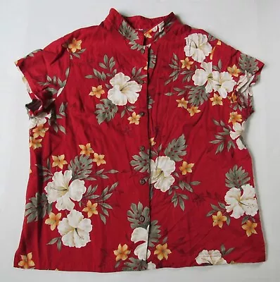 M D Fashion Women's Red Floral Hibiscus Hawaiian Mandarin Collar Shirt L Large • $14.99