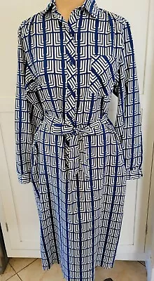 Vtg 1970's Lanvin Blue White Button Front Long Sleeves Abstrac Maxi Dress M NOS • $229