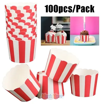 100 X Full Size Paper Baking Cups Red Stripe Cupcake Liners Popcorn Muffin Case • $7.91