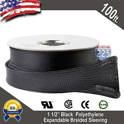 100 FT 1 1/2  Black Expandable Wire Cable Sleeving Sheathing Braided Loom Tubing • $49.85