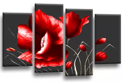 Floral Wall Art Print Grey Red Rose Flower Painting Framed Split Picture Large • £28.99