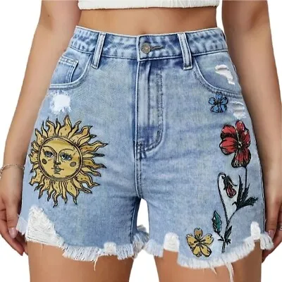 Womens Shorts Small 26  Waist Denim High Waist Sun Flower Hippie Acid Wash • £9.50