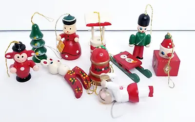 Miniature Wooden Christmas Tree Ornaments Monkey Soldier Tree Sled Lot Of 10 • $9.99