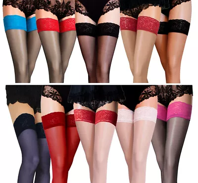 £5.99 • Buy New Lace Top Hold Ups Size S - XXL Sheer 20 Denier New Various Colours 