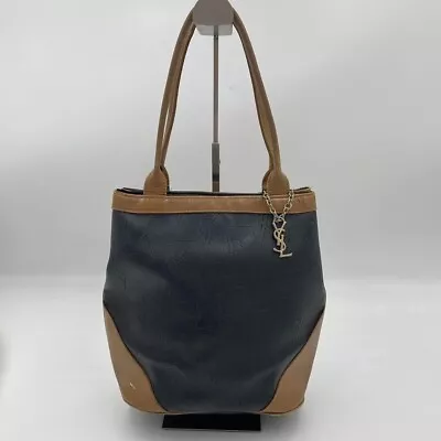 YVES SAINT LAURENT YSL Black Brown Leather Handbag Tote Bag One Shoulder Vintage • $285