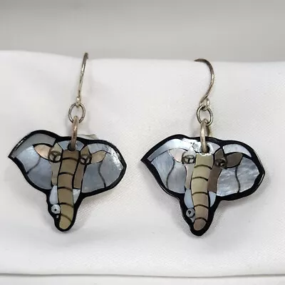 QVC Lee Sands Silvertone Elephant Animal Inlay Earrings Pre-owned Jewelry • $0.99