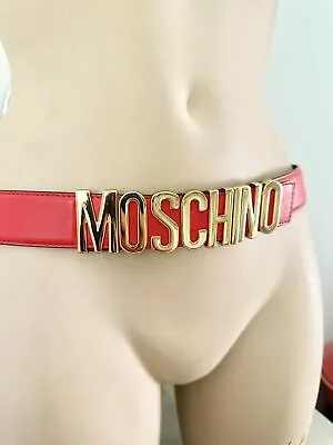 MOSCHINO IT 44 Womens Logo Leather Belt Red Gold Studs Name Letters New 100cm • $220.99