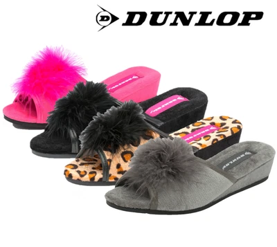 Ladies Dunlop Carla Sexy Peep Toe Bedroom Activity Pom Pom Wedge Mule Slipper • £11.95