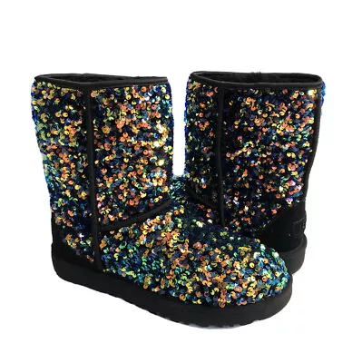 Ugg Classic Short Stellar Sequin Black Sparkles Boots Us 6 / Eu 37 / Uk 4 • $145