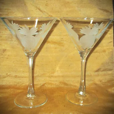 Vintage Set Of 2 Martini Glasses With Etched Frosted Pineapple Design 7 1/2 H • $44.95