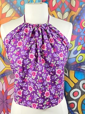 Vintage 70s Purple With Pink Flowers Festival Hippy Halter Top M/L • $5.25