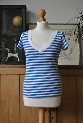 New Miss Fiori Striped Blue Retro Jersey Cotton Blend Casual T-Shirt Size UK 14 • £10