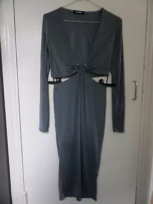 MISSGUIDED Shiny Grey Long Sleeve Cut Out Waist Bodycon Midi Dress- UK 8 • £3