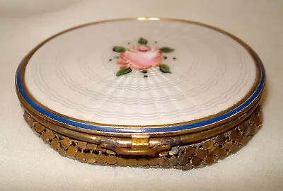 Vintage Gold Tone Guilloche Hand Painted Rose Flower Mesh Makeup Mirror Compact • $20