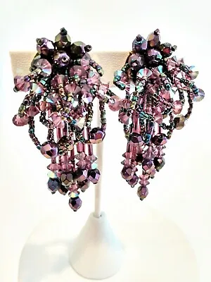 Vintage Beaded Earrings Purple Amethyst Austrian Crystal Dangle • $34