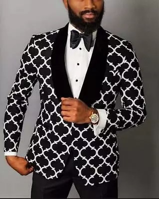 Men's Black And White Wedding Suit Fitted Groom Formal Business Blazer New • $27.95