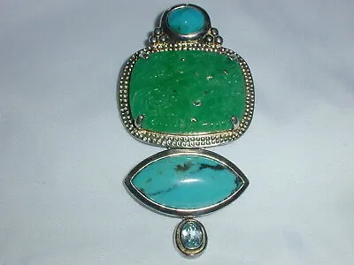 Gorgeous~ Akr- Amy Kahn Russell Sterling Carved Jade Turquoise Pendant- Brooch! • $219.74