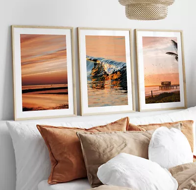 Set Of 3 Beach Sunset Orange Wall Art Prints Living Room Décor Posters Pictures • £10.49