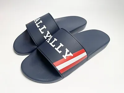 BALLY SIMON Navy Blue RUBBER LOGO SANDALS SLIDES SHOES - MADE IN ITALY Sz US 11 • $120