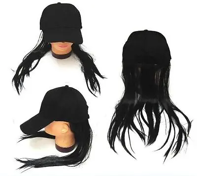 NOVELTY BASEBALL HAT WITH LONG BLACK HAIR Costume Dressup Ball Cap Mens Women • $14.30