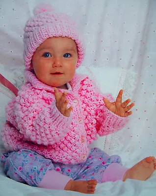£1.99 • Buy Baby Girls Popcorn Jacket Collar Hat Cardigan KNITTING PATTERN Chunky 18 -22 