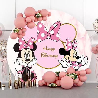 Personalise Round Minnie Mouse Cartoon Backdrop Girls Birthday Party Background • $56.69