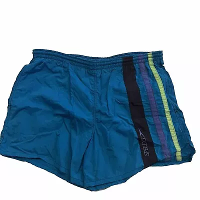 Vintage Speedo  Swim Trunks Blue Striped Adult Large Drawstring Mesh Line 38 • $15